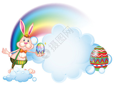 一只兔子在彩虹附近拿着鸡蛋图片