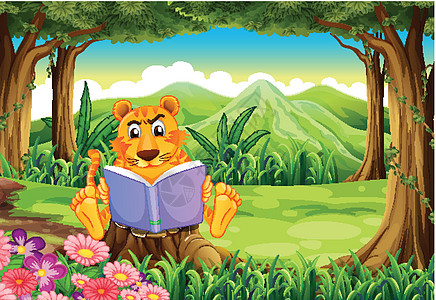 一只老虎坐在树桩上边看书图片