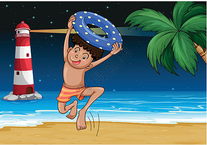 海滩上的男孩风景男生口舌绘画蓝色场景支撑孩子椰子建筑图片