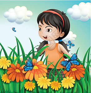 一个女孩在花园里 带着蝴蝶图片