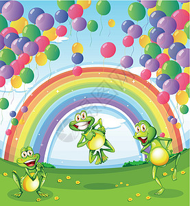 三只青蛙在彩虹附近的漂浮气球下图片