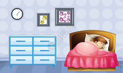女孩睡觉家具白色木头抽屉红色枕头绘画女性女士卡通片图片