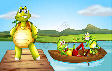 桥上的海龟和船上的两只花青蛙图片