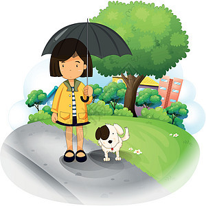 一个带着雨伞的女孩 和一只小狗在路上图片