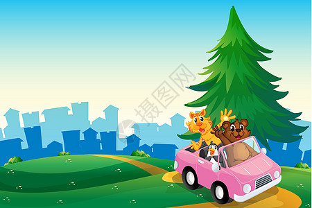 一辆有动物在山顶上跑动的粉红色汽车图片