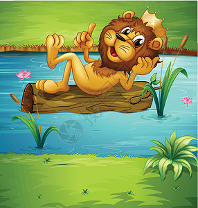 一只在干木上微笑的狮子图片