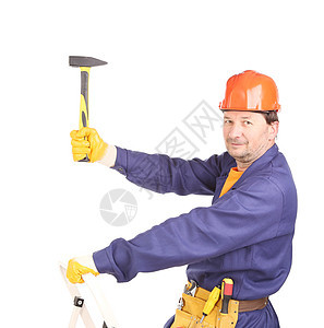 硬帽工人握着锤子帽子蓝色机械男人工业红色劳动橙子身体建筑图片