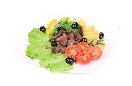 沙拉加牛肉片和土豆腰部油炸洋葱蔬菜食物用餐盘子饮食菜单敷料图片