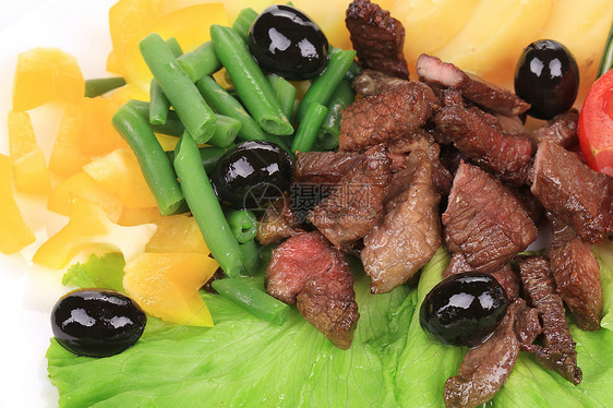 沙拉加牛肉片和土豆用餐敷料蔬菜饮食盘子营养菜单食物鱼片油炸图片