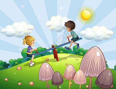 一个男孩和一个女孩骑着木锯图片
