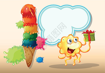 一个快乐的怪物 拿着礼物 在巨型冰淇淋附近图片