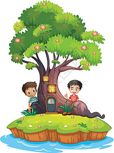 有两个男孩在魔法树屋的后面图片