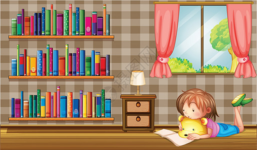 一个女孩在窗窗边看书 带着粉红的窗帘图片