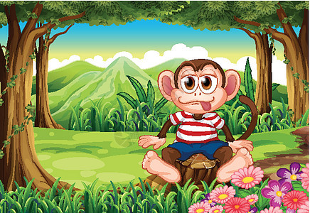 一只自夸的猴子坐在树桩上图片