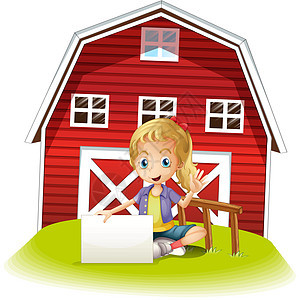 一个女孩坐在农舍门口 拿着一个空的招牌图片