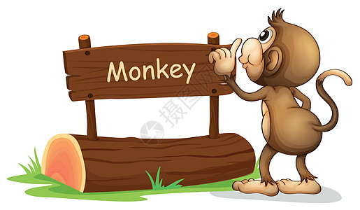 一只猴子面对木质招牌图片