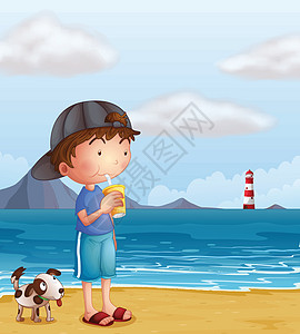 一个男孩和他的宠物在海滩上图片