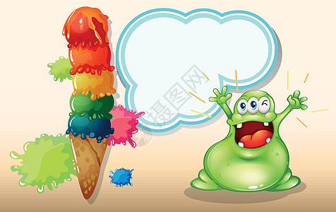 一个在巨型冰淇淋附近喊叫的 肥大的绿色怪物图片