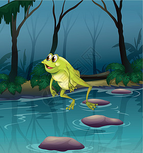 一只青蛙跳在森林里的池塘图片