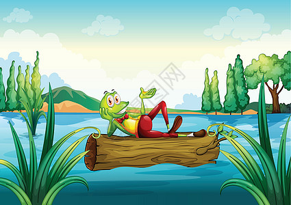 一只嬉戏的青蛙躺在漂浮着的树干上方图片