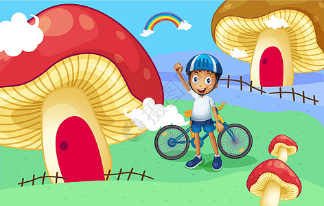 一个年轻的摩托车手 在巨型蘑菇屋附近图片