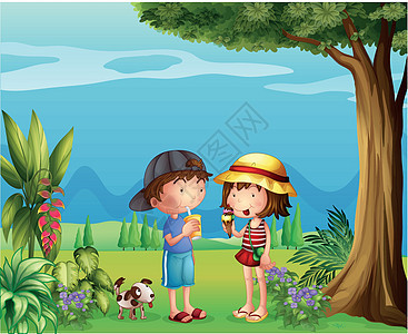 一个男孩和一个女孩场景小狗卡通片公园男生天空帽子树叶女孩动物图片
