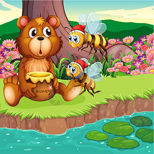 河岸上一只大熊和蜜蜂图片