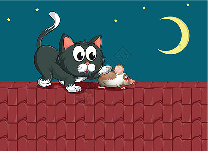 一只猫和一只老鼠在屋顶上卡通片猫科食物蓝色瓷砖宠物天空星星捕食者小猫图片