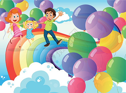 一个快乐的家庭 玩彩虹和漂浮的气球图片
