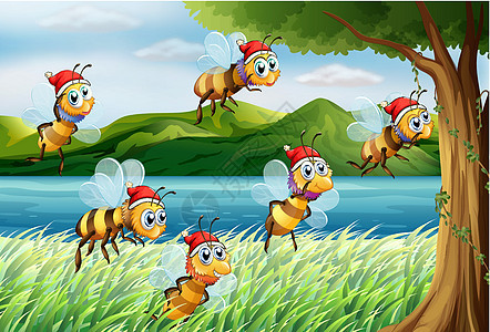 一群蜜蜂来到河岸的树上图片