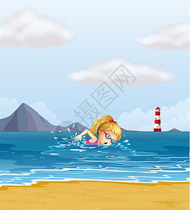 一个女孩在海上游泳 后面有个信标的灯塔图片