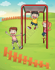 三个孩子在标准杆上玩耍栅栏男性女孩天空绘画娱乐公园微笑男孩们山顶图片