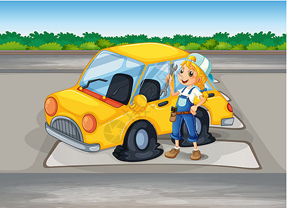 一个女孩拿着工具在一辆开着平轮车的汽车旁边图片