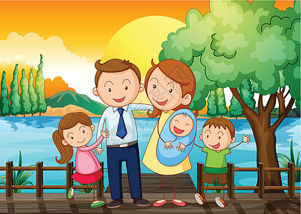 一个幸福的家庭 在木桥上树叶天空婴儿男人女性女孩们儿子河岸植物男性图片