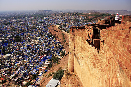 从印度Mehrangarh堡观察到的Jodhpur市房子纪念碑堡垒城市地标爬坡历史砂岩景观博物馆图片