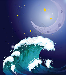 月亮下一股强烈的波浪图片