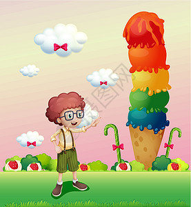 一位年轻的绅士站在巨型冰淇淋旁边图片