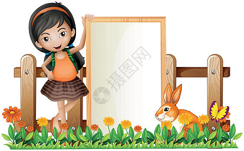 一个女孩和兔子站在一个空框边上背景图片
