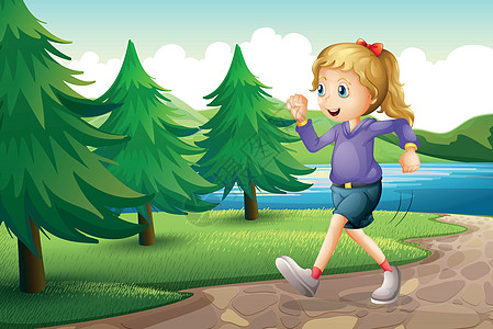 一个女孩在河岸松树附近慢跑图片