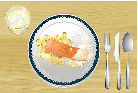 鲑鱼和意大利面餐厅炊具盘子绘画营养食物刀具用具用餐美食图片