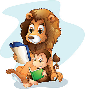 猴子和狮子看书艺术捕食者绘画办公室学习学校小说评书页数宠物图片