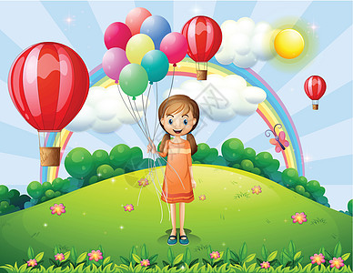 一个女孩拿着气球树叶裙子辫子橙子热气太阳微笑飞行花瓣女孩图片