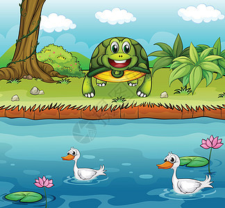 河边的海龟跟鸭子图片