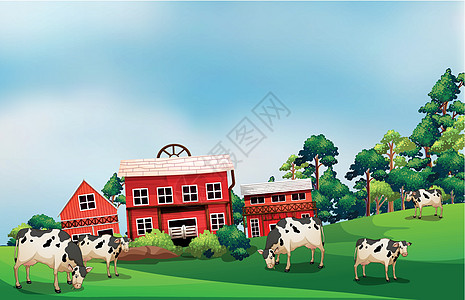 奶牛在农场里灌木丛栅栏小屋团体杂草农作物蓝色农民树叶场地图片