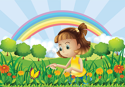 花园里有个女孩 后面有彩虹图片