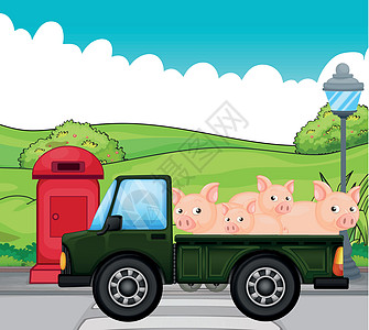 后面有猪的绿色汽车图片