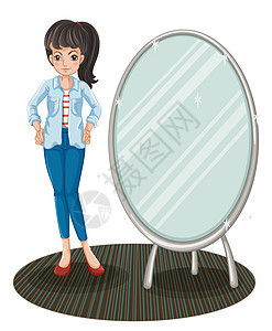 一个穿着外套的女孩 站在镜子边的一面图片