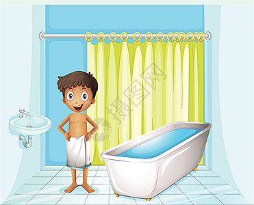 一个男孩在洗手间地面瓷砖清洁度窗帘孩子男人打扫浴室正方形边缘图片