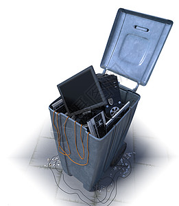 在白色背景的废件箱中的计算机技术废纸金属监视器插图垃圾死亡生态篮子商业图片