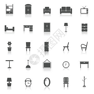 白色背景上反射的家具图标Name放大器警报房子壁橱建筑椅子房间货架镜框思维背景图片